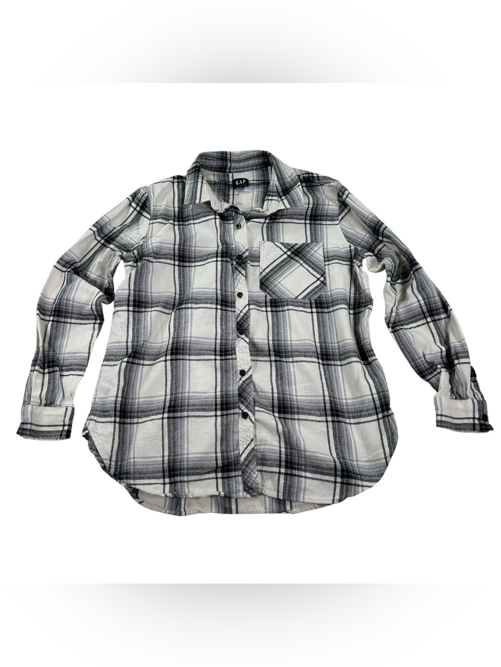 Gap Women’s L Plaid Flannel Shirt Cream Gray Black Boyfriend Button Down Grunge